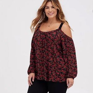 Torrid Cold Shoulder Blouse Crinkle Gauze Floral Black Size 3 BNWOT